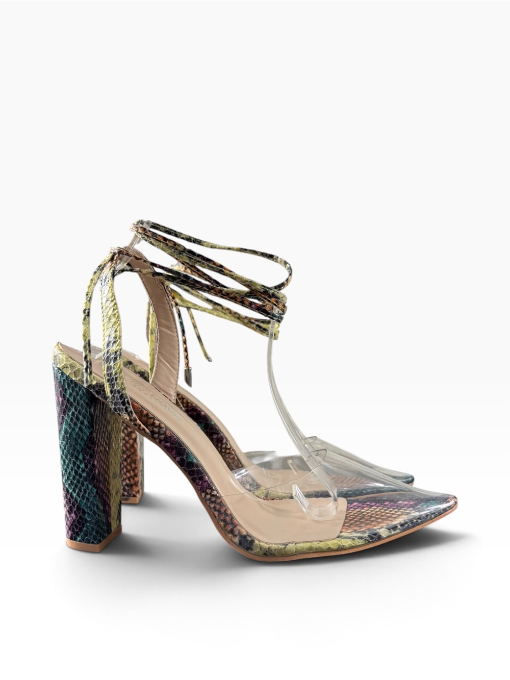SNAKE PRINT Women’s Multicolor Snake Ankle-Tie Heels